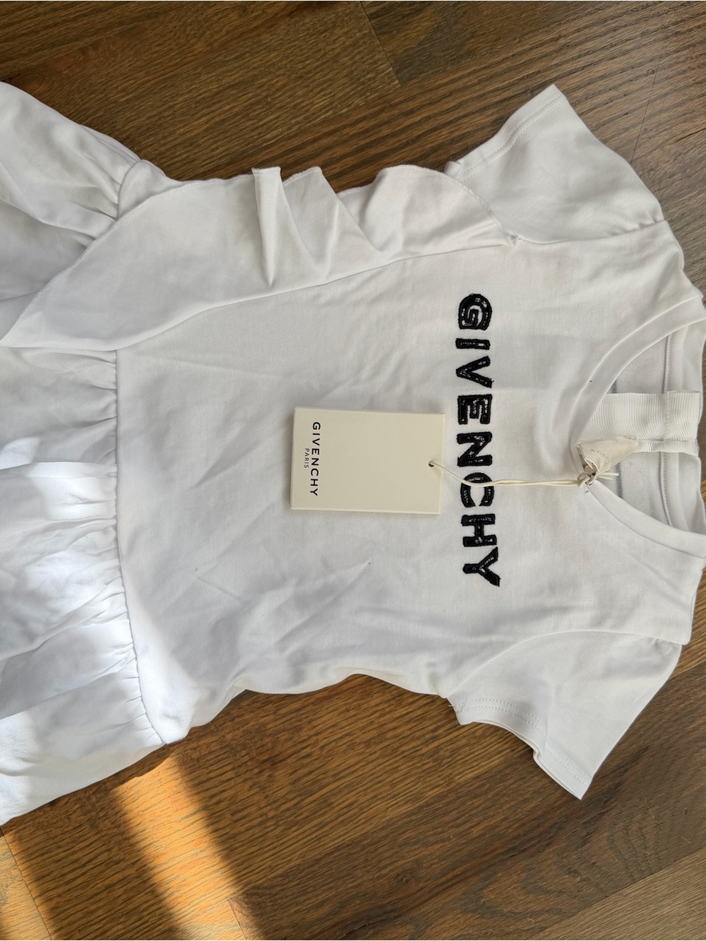 Givenchy White Short-Sleeve Logo Tee with Ruffle Hem